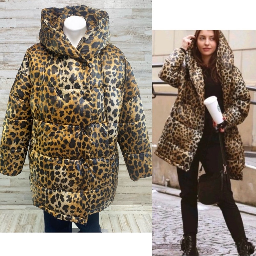 Zara Puffer Cheetah Animal Print Hooded Water Resistant Oversized Jacket Coat XS